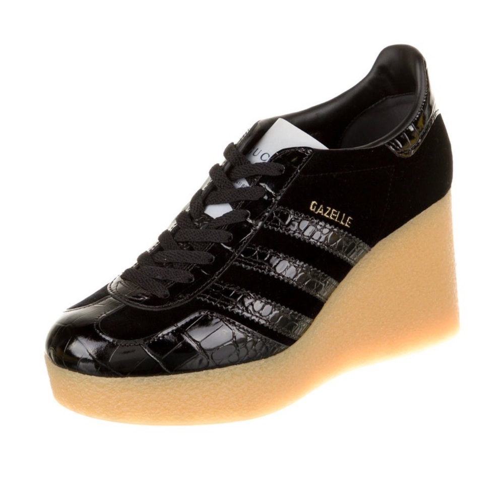 GUCCI X ADIDAS GAZELLE PLATFORM WEDGE BLACK VELOUR LEATHER/PATENT SNEAKERS 38.5